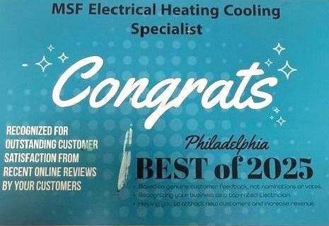 MSF Electrical Heating Cooling Specialist congratulatory award graphic, blue background, Philadelphia Best of 2025