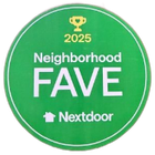 Green circular Nextdoor “2025 Neighborhood FAVE” award badge with trophy icon