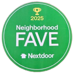 Green circular Nextdoor “2025 Neighborhood FAVE” award badge with trophy icon