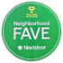 Green circular Nextdoor “2025 Neighborhood FAVE” award badge with trophy icon