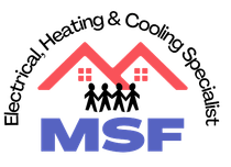 MSF logo with red roof, black figures, and curved text “Electrical Heating & Cooling Specialist”