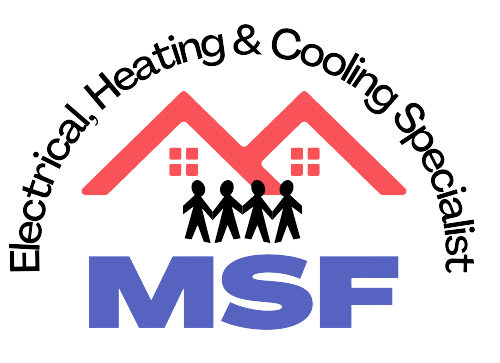 MSF logo with red roof lines, black family figures, and text reading “Electrical Heating & Cooling Specialist”
