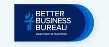 BBB Accredited Business badge in blue and white with a torch logo