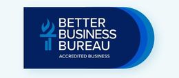 BBB Accredited Business logo, blue and white with torch icon and text