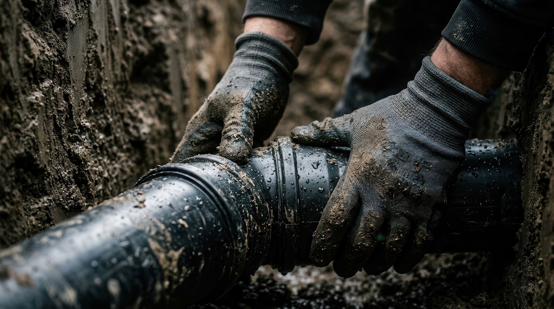 Gloved hands connect a black pipe in muddy ground during outdoor plumbing work