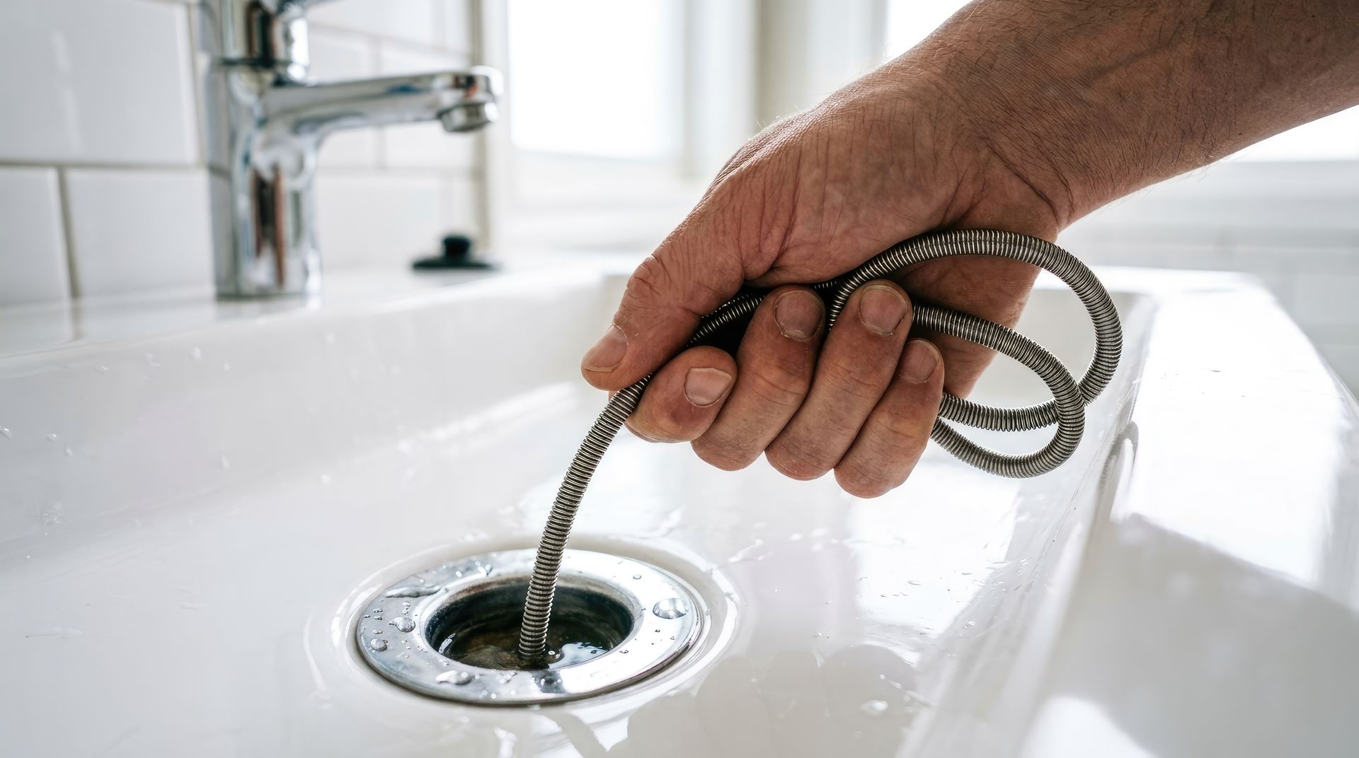 Hand pulling a metal drain snake from a white sink drain