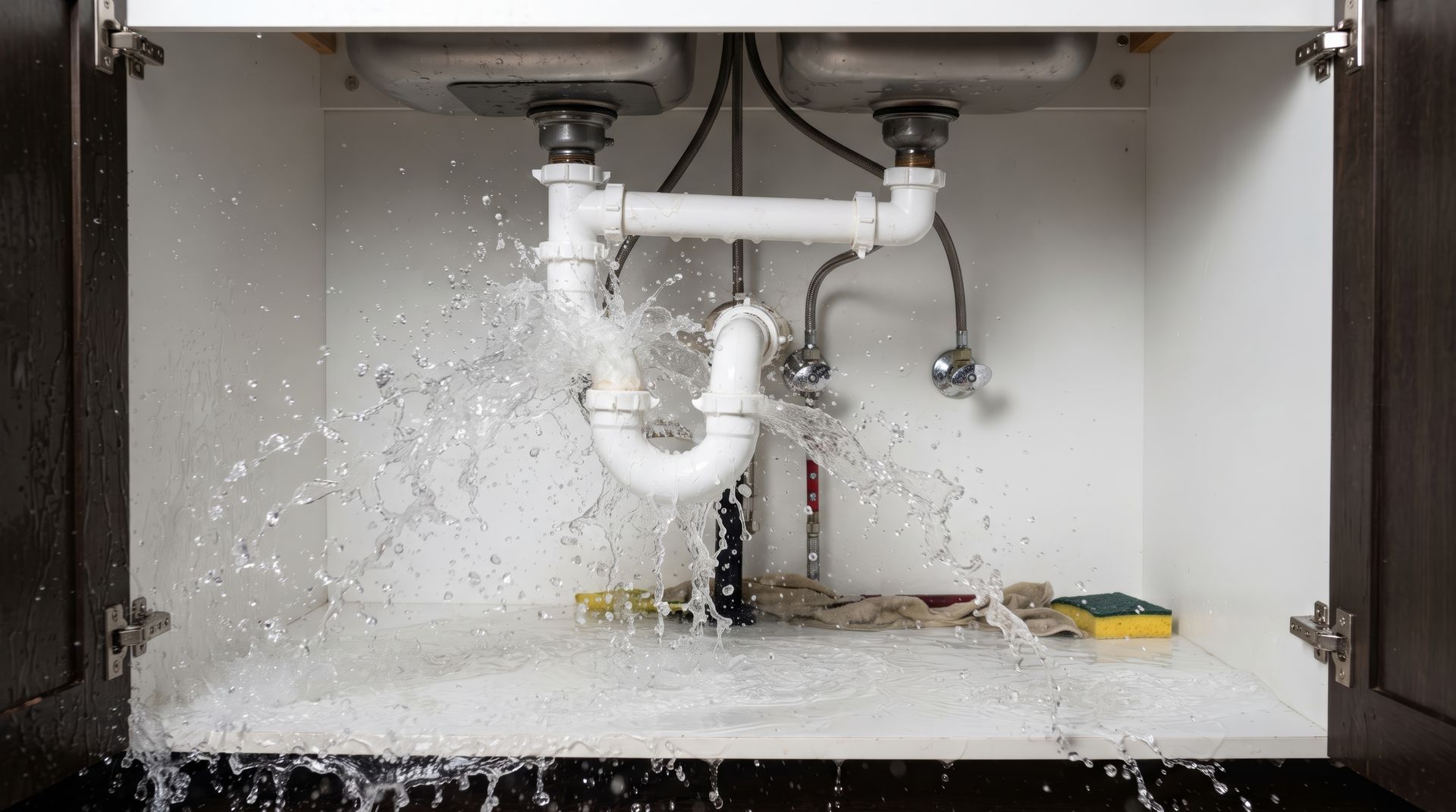 Under-sink cabinet with water spraying from a burst pipe, flooding the basin area.