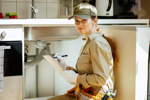 A smiling plumber from a plumbing company takes notes while inspecting plumbing under a sink. A smiling plumber from a plumbing company takes notes while inspecting plumbing under a sink.