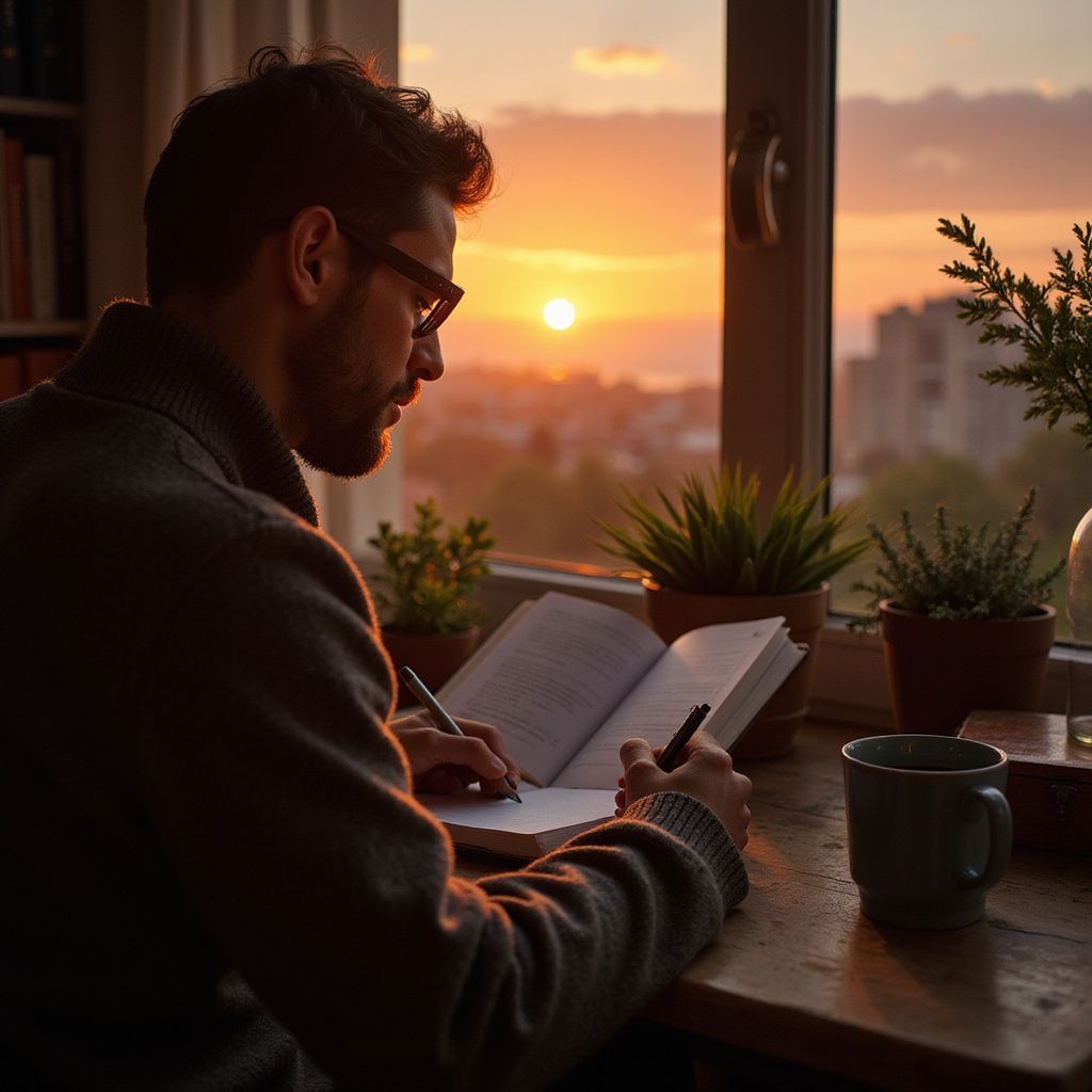 Man writing in a book by a window at sunset, with plants and a mug nearby.
