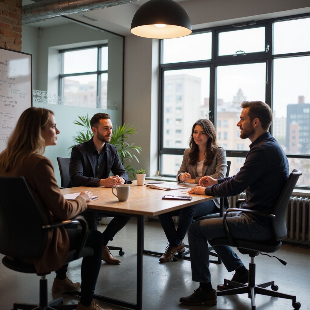 Four people in a meeting at a table in an office setting. They are engaged in conversation near a window.