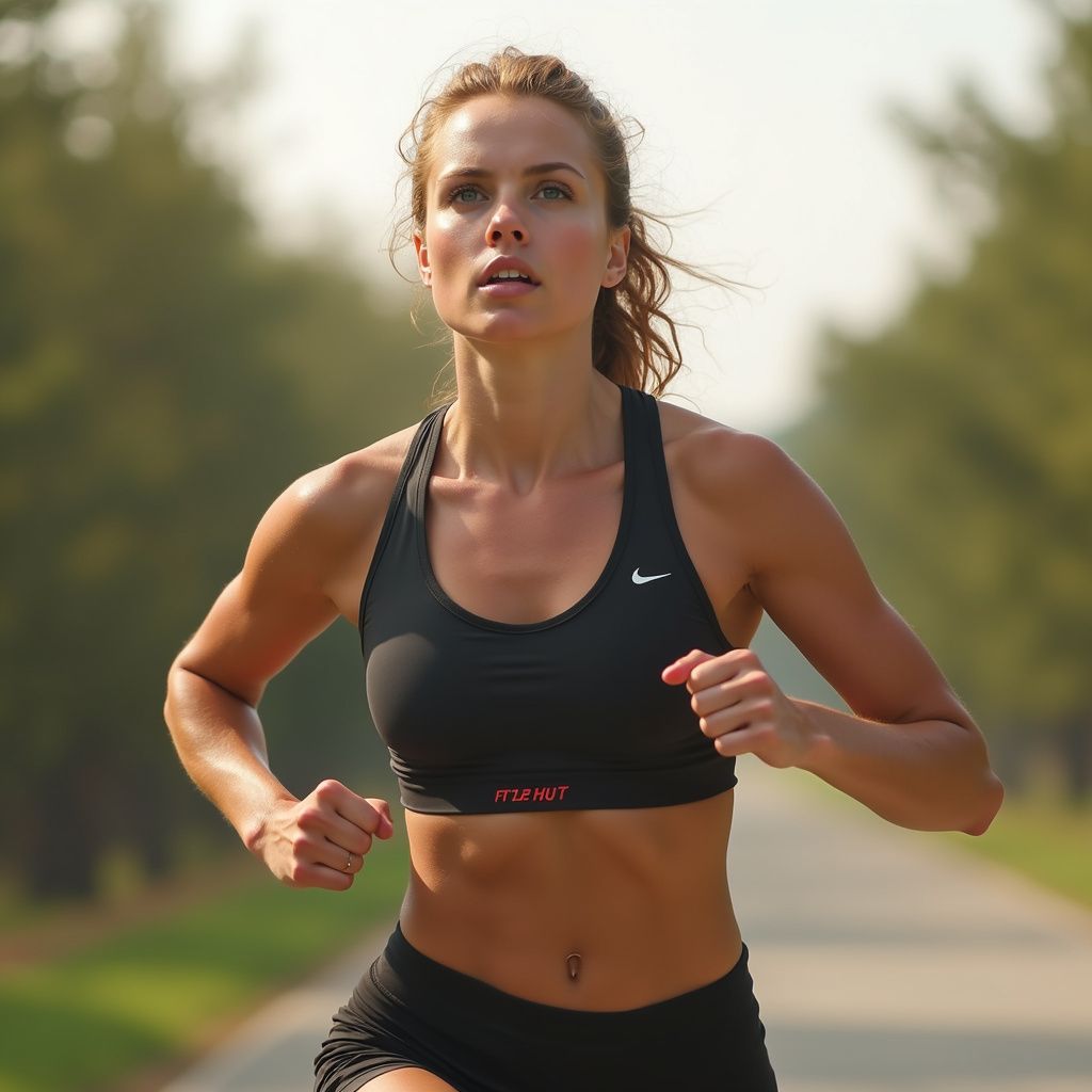 Woman running on a path, wearing a black sports bra and shorts; trees in the background.