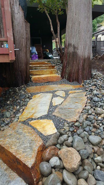 Stone path leads up steps between redwood trees to a building with a person visible on the steps.