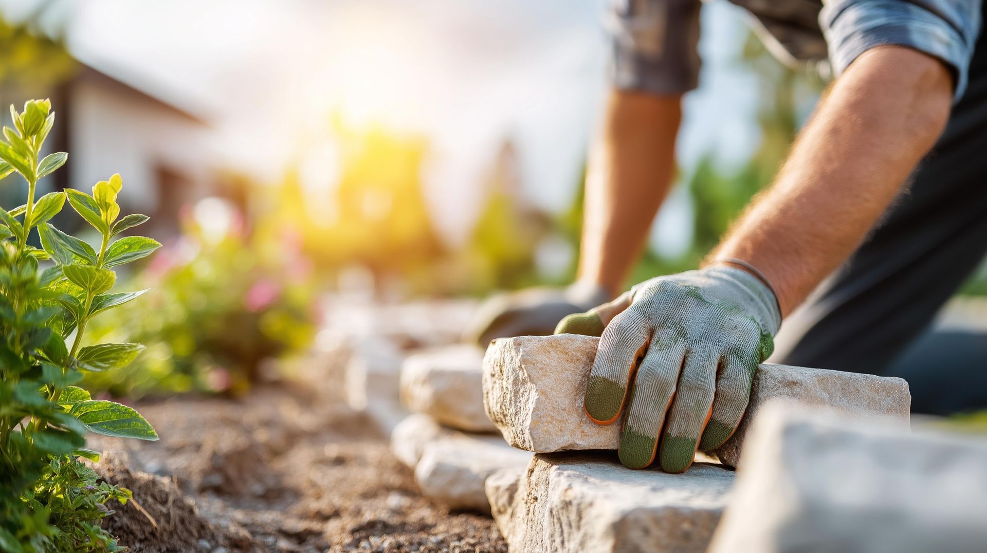 Landscaping professional providing hardscape services by building a natural stone retaining wall.