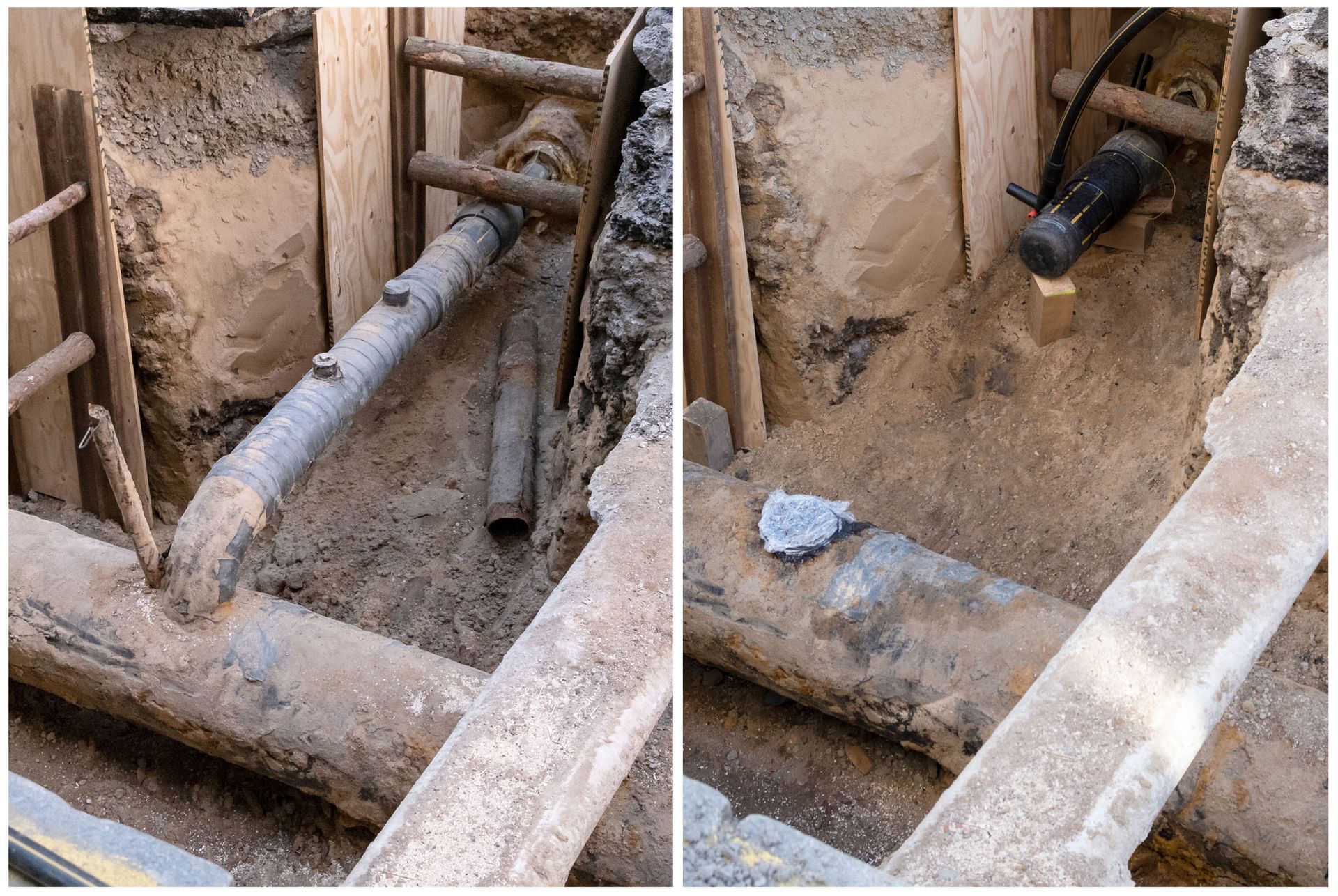 Two photos of construction work: pipes and wooden supports in a trench filled with sand.