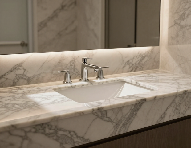 Marble bathroom vanity with a white sink, chrome faucet, and wall-mounted mirror lighting.