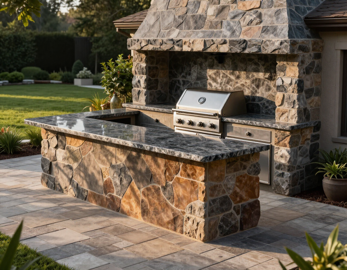 Outdoor stone kitchen with built-in grill and black countertop in a landscaped yard