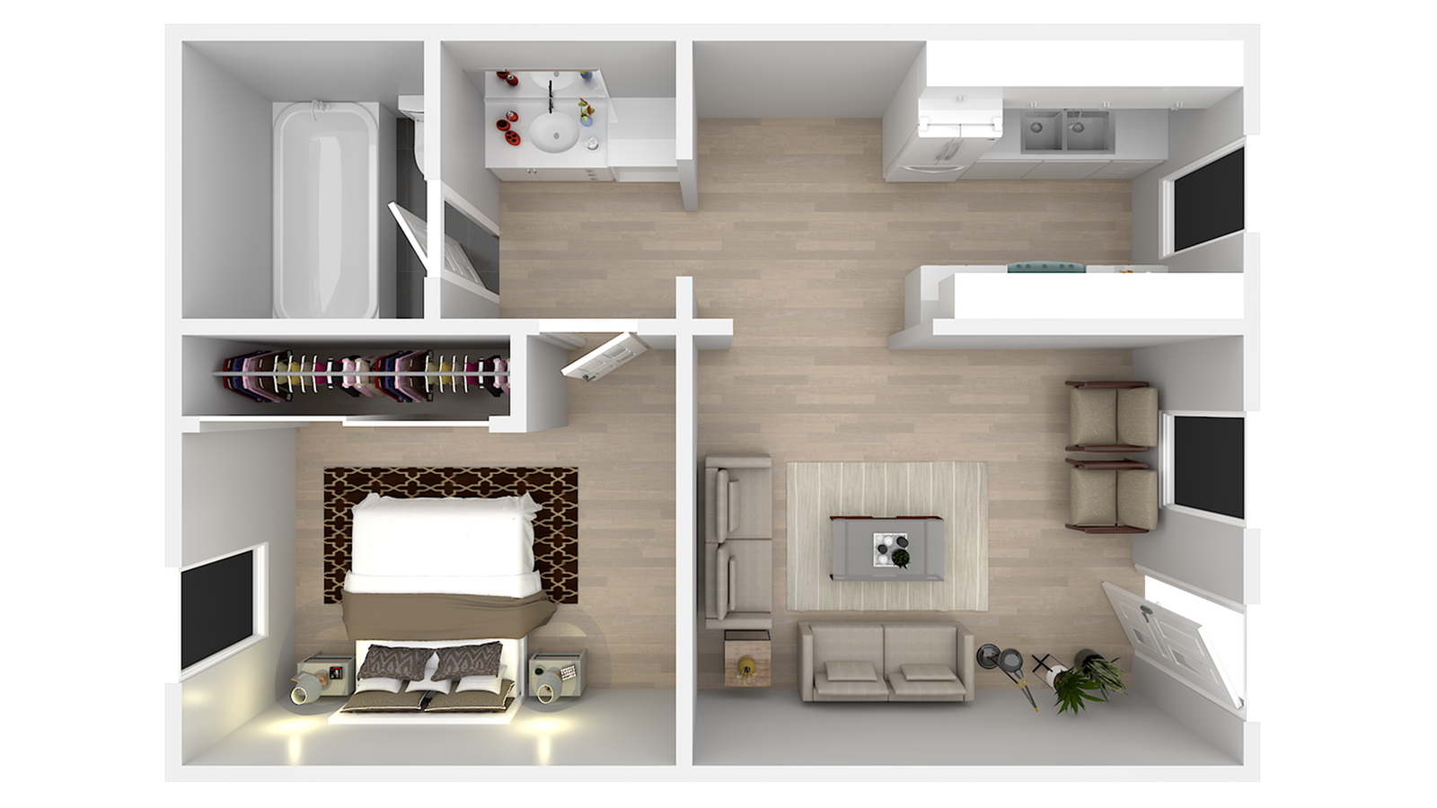 Top-down floor plan of a modern two-bedroom apartment with living room, kitchen, bath, and closets.