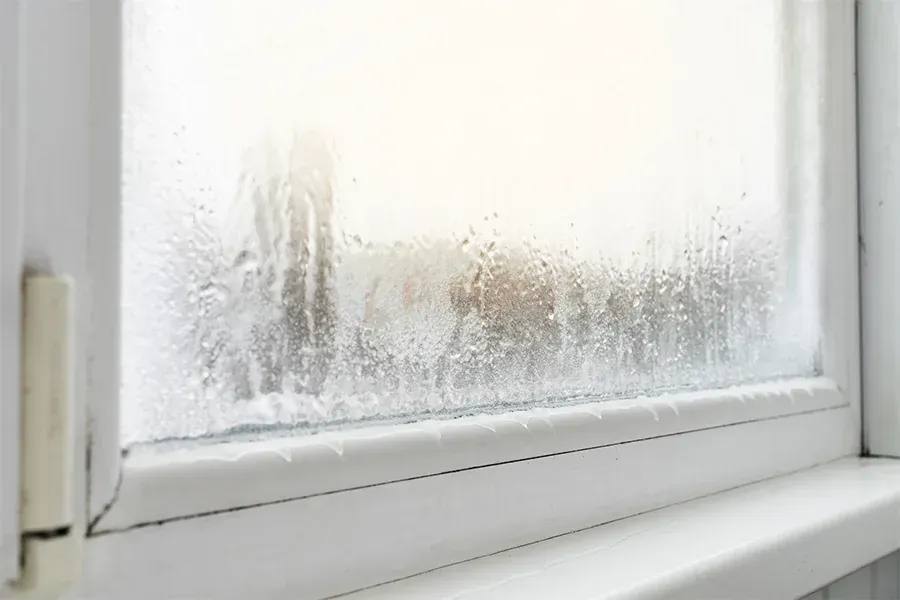 Frosted window with condensation and water droplets along the bottom edge