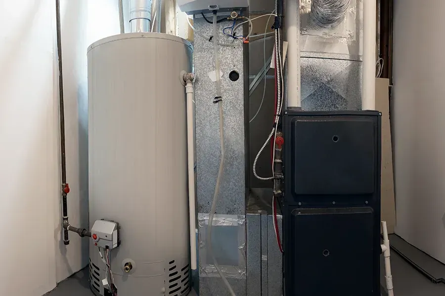 Utility room with furnace, water heater, ductwork, and stacked black storage bins