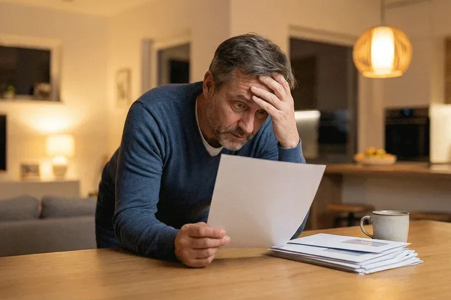 Man sitting at a table, reading a bill with a worried expression, coffee mug and paperwork nearby.