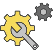 Yellow and gray gear with a wrench, plus a small gray gear on white background