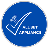 Blue circular logo with white checkmark, wrench, and the words &ldquo;ALL SET APPLIANCE&rdquo;