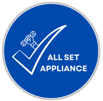 Blue circular logo with white checkmark, wrench, and the words &ldquo;ALL SET APPLIANCE&rdquo;