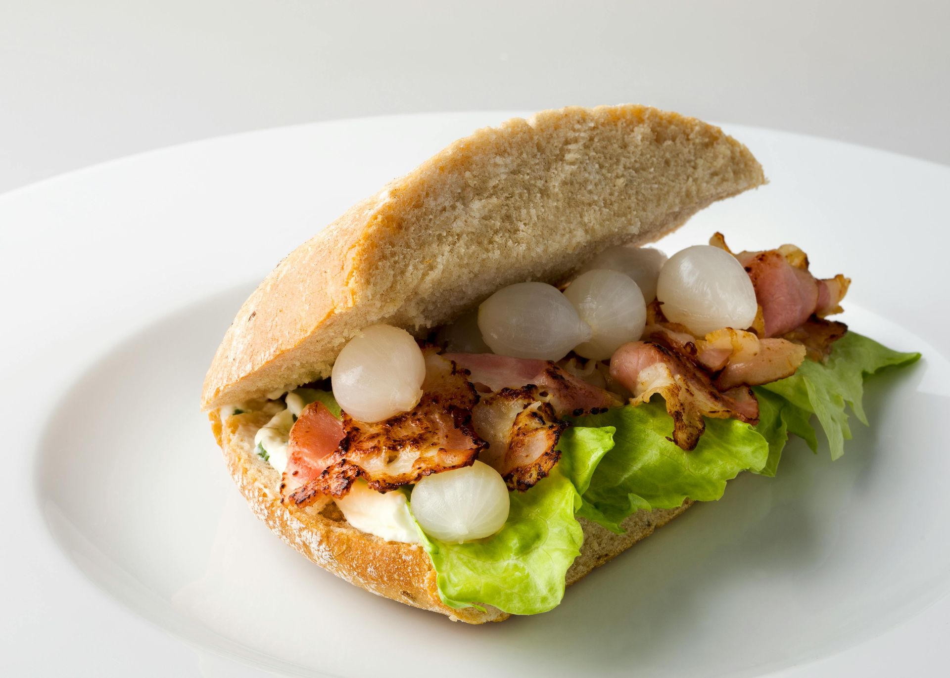 Open sandwich with lettuce, meat, and white pearl onions on a white plate