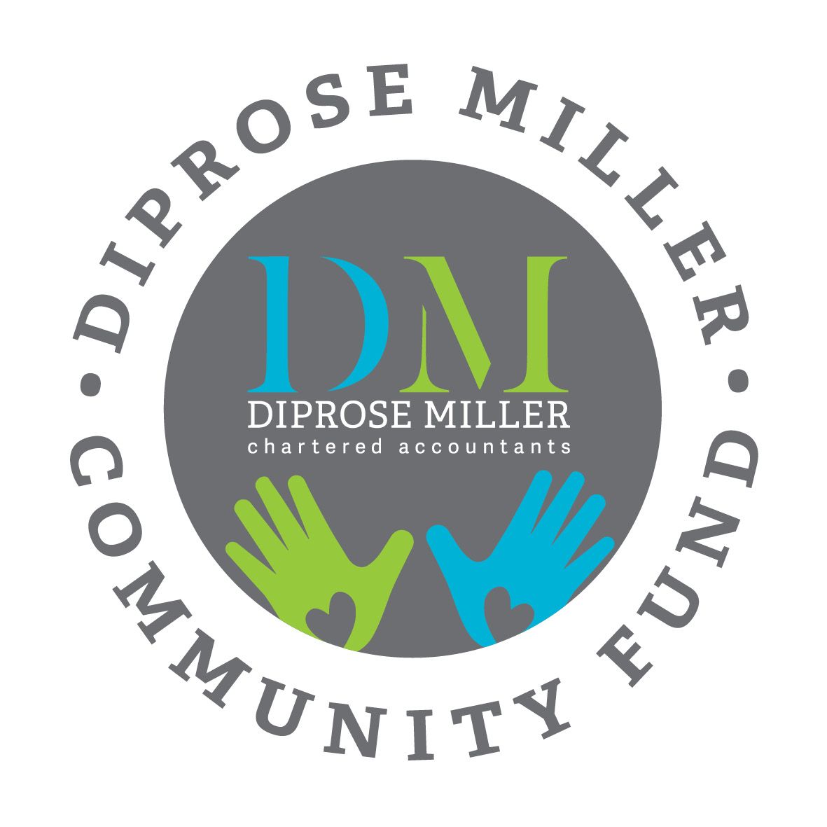 Diprose Miller Community Fund logo with gray circle, colorful hands, and teal-green initials DM