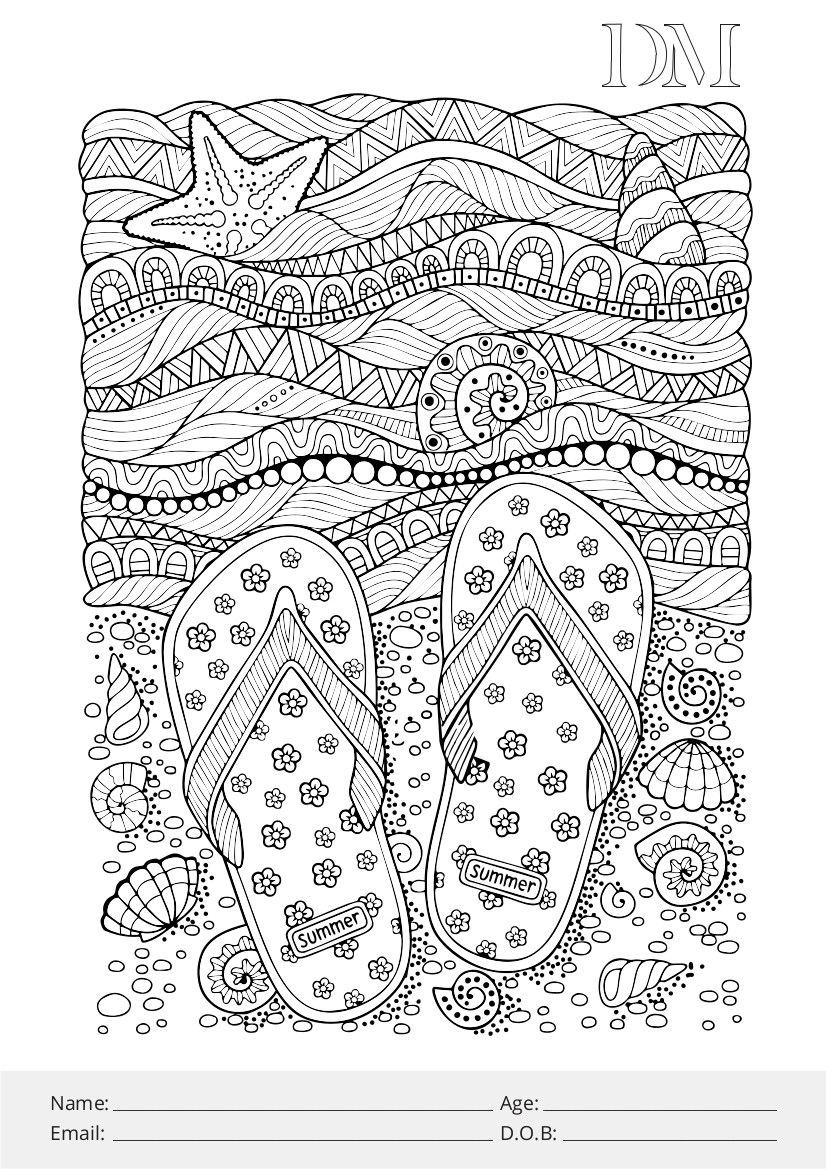 A black and white drawing of a pair of flip flops on the beach.