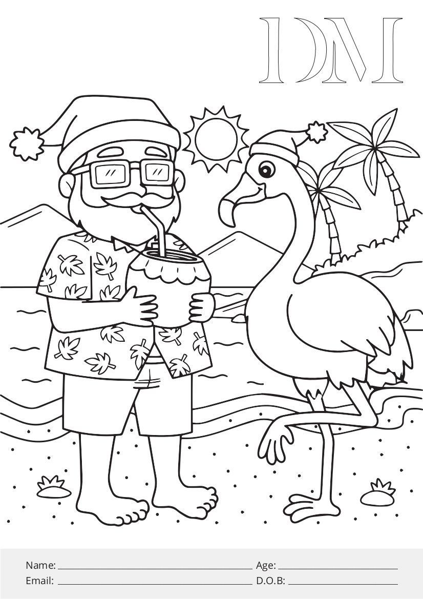 Santa claus is drinking a drink on the beach next to a flamingo.