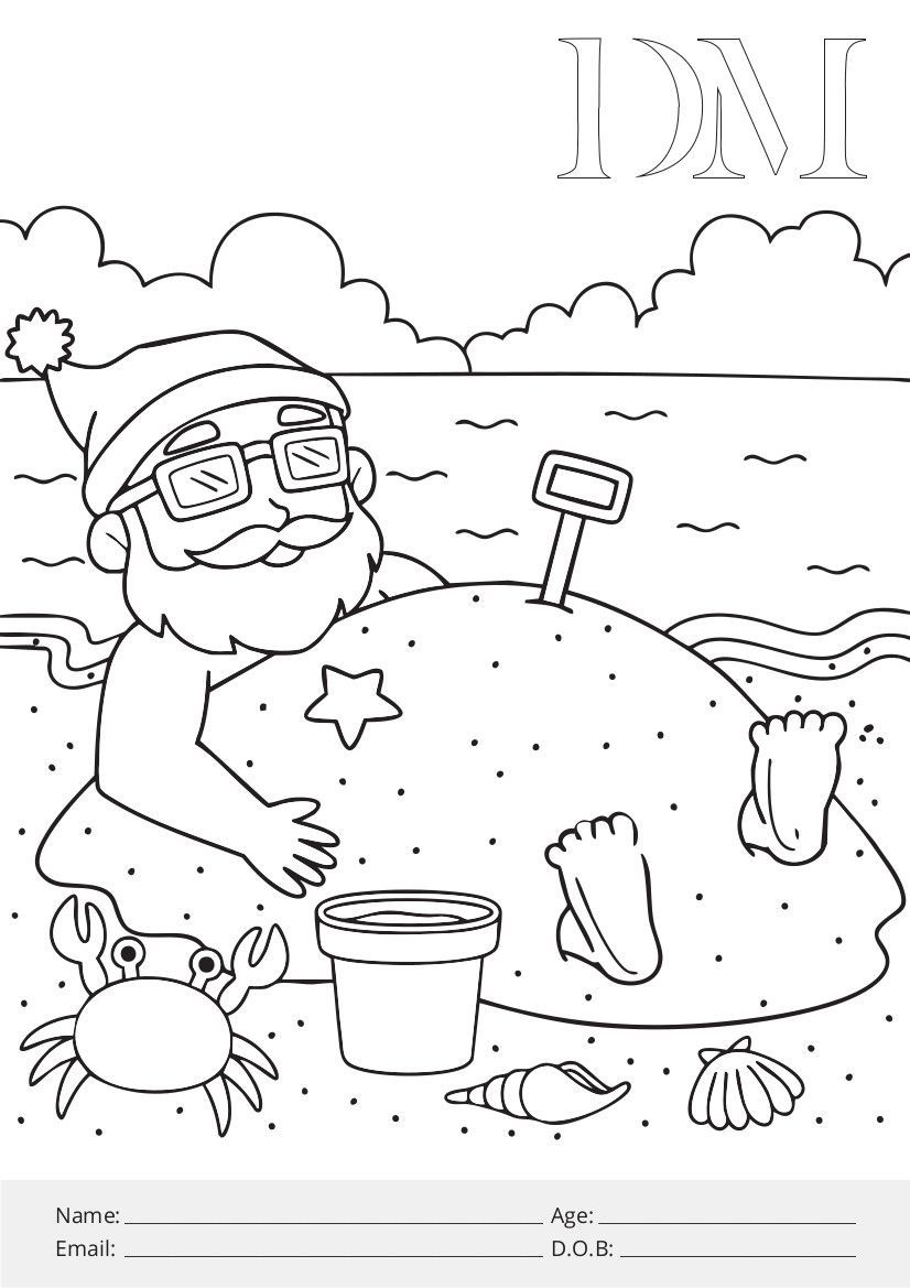 A black and white drawing of santa claus playing in the sand on the beach.
