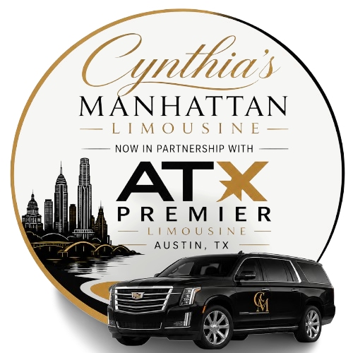 Cynthia's Manhattan Limousine and ATX Premier Limousine partnership logo with black SUV and NYC skyline