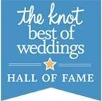 The Knot Best of Weddings Hall of Fame blue award badge with gold star and white text