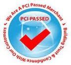 Blue PCI PASSED badge with large red checkmark and circular text about PCI compliance