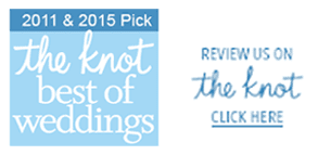 The Knot “Best of Weddings” 2011 & 2015 pick badge with “Review us on The Knot” text and click here