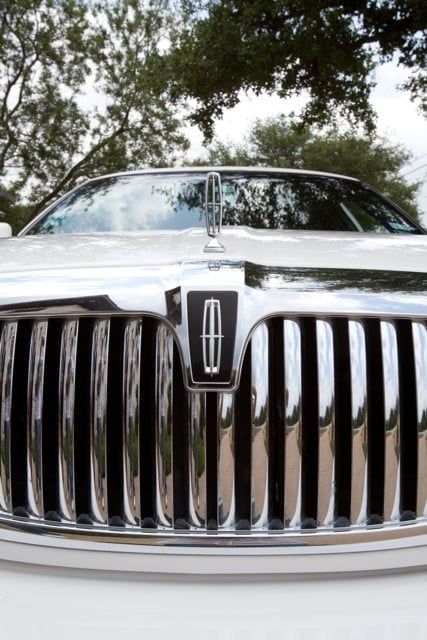 Front view of a white Lincoln car grille with chrome vertical slats and emblem, framed by trees