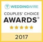 WeddingWire Couples' Choice Awards badge, white and gold, 2017, with five stars