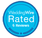 WeddingWire Rated badge, blue circular seal with 6 reviews