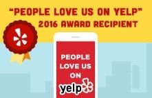 “People Love Us on Yelp” 2016 award graphic with a red Yelp badge and smartphone icon on a yellow-blue background