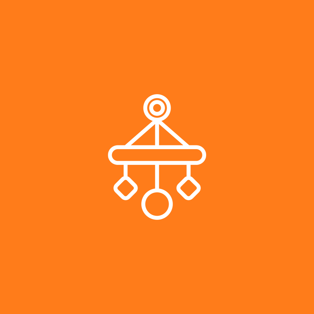 White outline of a baby mobile on an orange background.