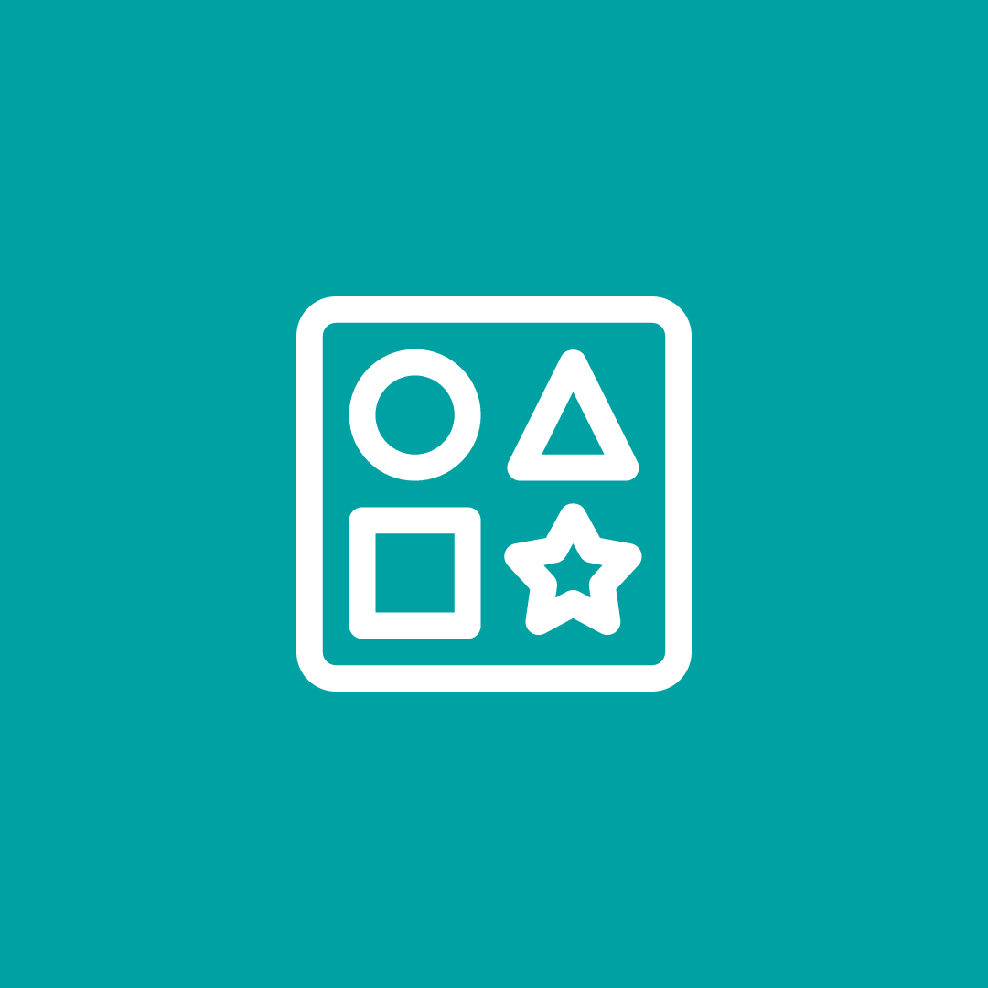 White outline of a child's shape sorter toy with circle, triangle, square, and star shapes on a teal background.
