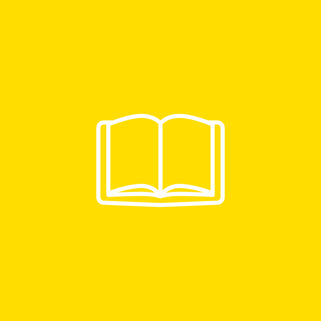 White outline of an open book on a bright yellow background.