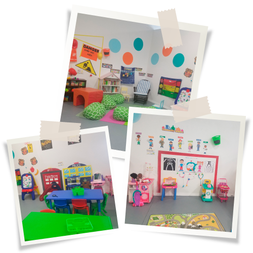 Three colorful playroom snapshots, taped together: reading nook, play kitchen with tables and toys, and a doctor's office play area.
