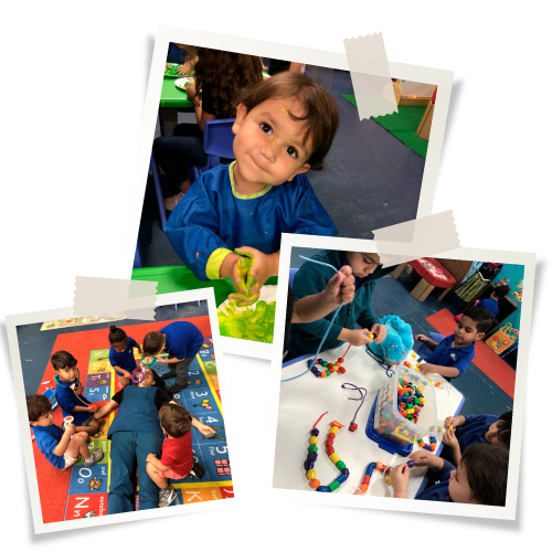 Collage of preschool children playing: one smiles at the camera, while others do activities like beading and playing on a colorful mat.