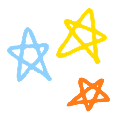 Three hand-drawn stars: blue, yellow, and orange, against a white background.