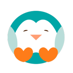 Smiling cartoon penguin with orange feet and a peach beak, inside a teal circle.