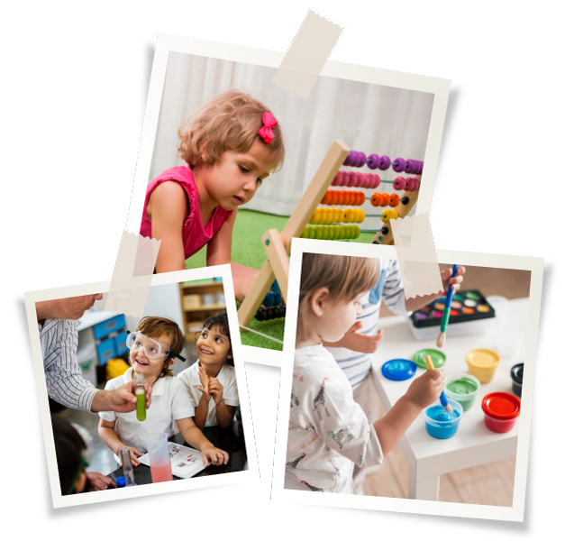 Three photos: a girl with an abacus, children painting, and kids with a teacher. Childcare activities.