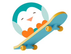 A cartoon penguin with a blue and white body, orange feet, and beak, smiles while skateboarding on a light blue board.