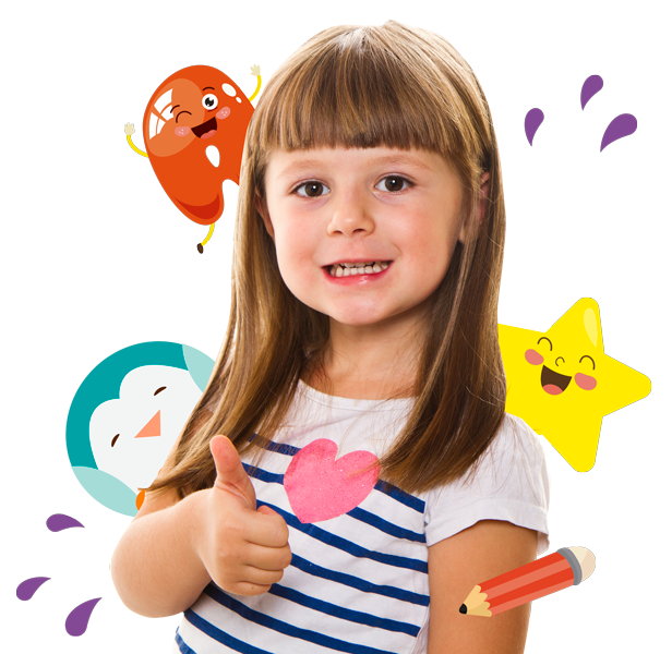 Girl giving a thumbs up, surrounded by cartoon shapes like a heart, star, penguin, and pencil. She has long brown hair and wears a striped shirt.